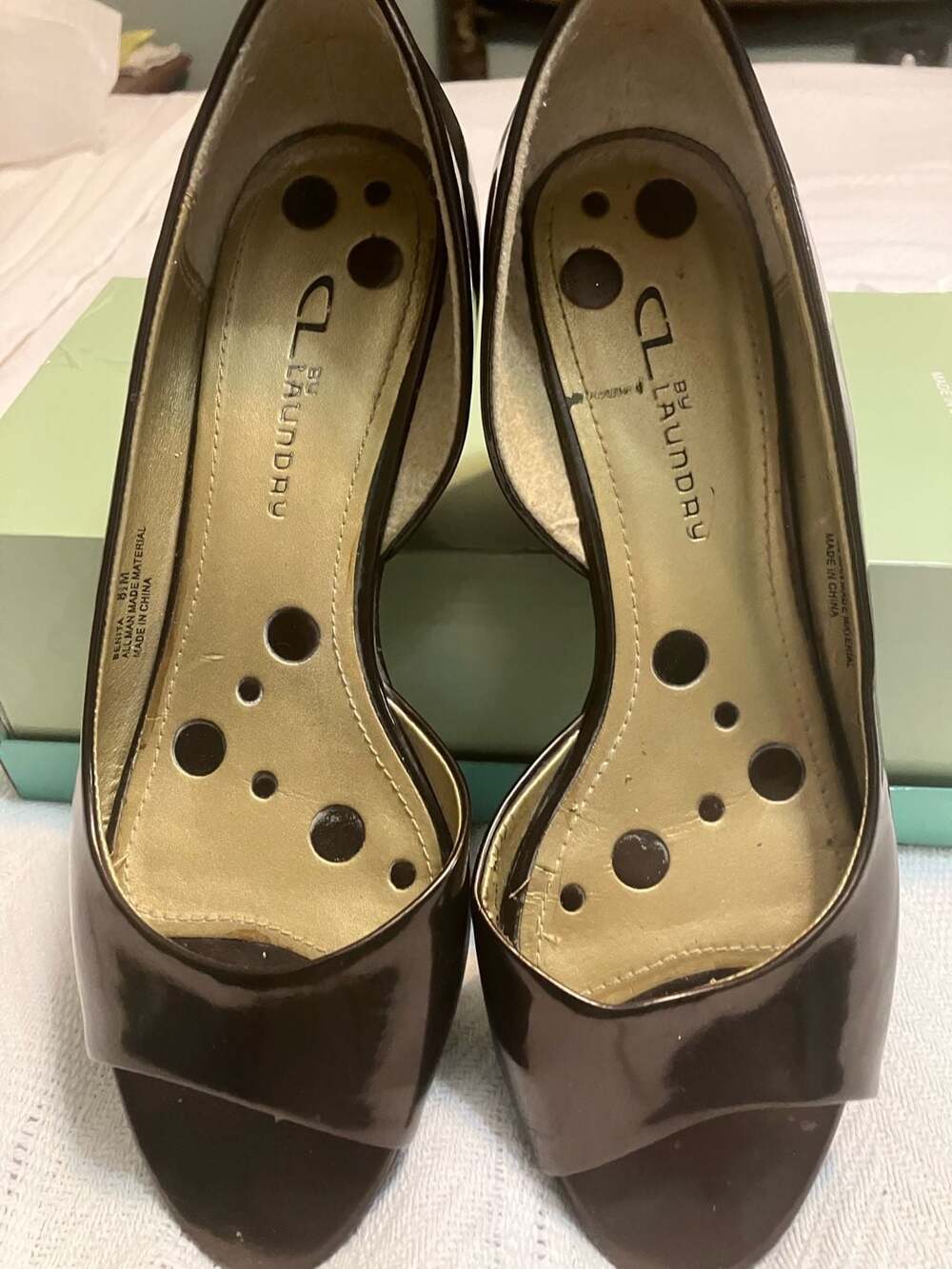 Benita Brown Patent Leather Peep Toe Wedge Pumps Size 8.5M